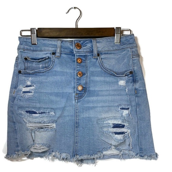 American Eagle Size 6 Hi-Rise Mini Skirt Button Fly Distressed Super Stretch X - Picture 1 of 9